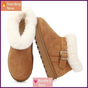 Faux Fur Lined Ankle Boots Slip On Winter Snow Booties Buckle Decor